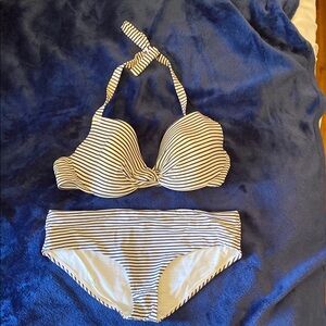 H&M Navy and White Striped Bikini M bottoms, 36C top